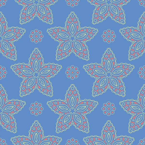 Çiçek seamless modeli. Duvar kağıtları, Tekstil ve kumaş için mavi arka plan üzerinde kırmızı ve sarı çiçek öğeleri