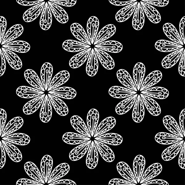 Белый Цветочный Орнамент Черном Фоне Бесшовный Узор Текстиля Обоев — стоковый вектор