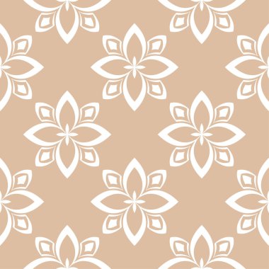 Bej renkli arka plan üzerinde beyaz çiçek süsleme. Tekstil ve duvar kağıtları için seamless modeli