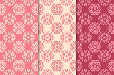 Kırmızı çiçekli süsler kümesi. Kiraz pembe dikey Dikişsiz desen. Duvar kağıdı arka plan