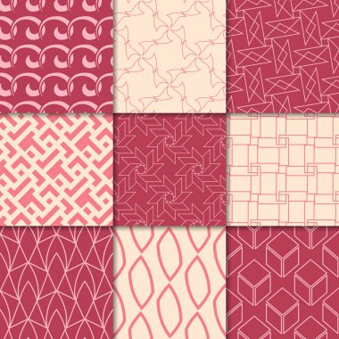 Kiraz kırmızı ve bej geometrik süsler. Web, Tekstil ve duvar kağıtları için dikişsiz desen koleksiyonu