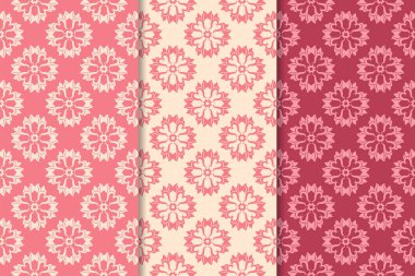 Kırmızı çiçekli süsler kümesi. Kiraz pembe dikey Dikişsiz desen. Duvar kağıdı arka plan