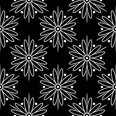 Siyah arka plan üzerine beyaz çiçek süsleme. Tekstil ve duvar kağıtları için seamless modeli