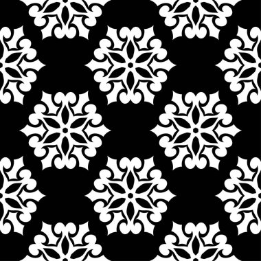 Siyah arka plan üzerine beyaz çiçek süsleme. Tekstil ve duvar kağıtları için seamless modeli