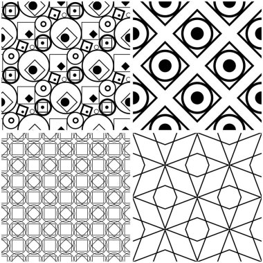 Geometrik desenler. Siyah beyaz tek renkli kesintisiz arka planlar kümesi. Vektör çizim