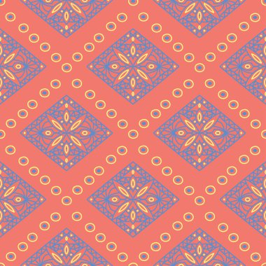 Geometrik kırmızı turuncu seamless modeli. Parlak arka plan duvar kağıtları, Tekstil ve kumaş için mavi ve sarı tasarımı ile