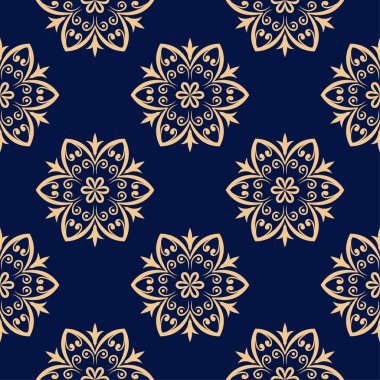 Koyu mavi zemin üzerine altın çiçek öğe. Tekstil ve duvar kağıtları için seamless modeli
