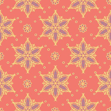 Çiçek tasarım seamless modeli. Duvar kağıtları ve Tekstil için somon kırmızı zemin üzerine parlak sarı ve mavi çiçek öğeleri