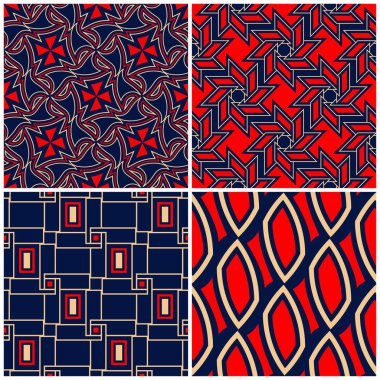Sorunsuz arka planlar. Mavi klasik bej ve kırmızı duvar kağıtları, Tekstil ve kumaş için geometrik desenlerle ayarlar