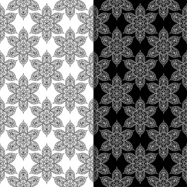 Siyah ve beyaz çiçek arka planlar. Tekstil ve duvar kağıtları için dikişsiz desen seti