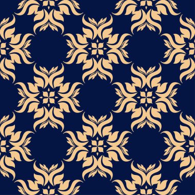 Koyu mavi zemin üzerine altın çiçek süsleme. Tekstil ve duvar kağıtları için seamless modeli