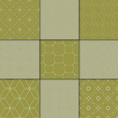 Zeytin yeşili geometrik süsler. Web, Tekstil ve duvar kağıtları için dikişsiz desen koleksiyonu