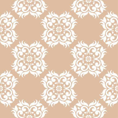 Bej renkli arka plan üzerinde beyaz çiçek tasarım. Tekstil ve duvar kağıtları için seamless modeli