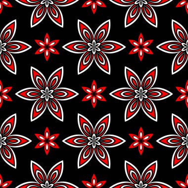 Sorunsuz çiçek desenli. Siyah arka plan üzerinde öğeleri kırmızı ve beyaz.