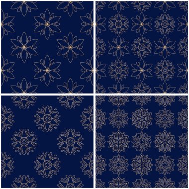 Çiçek desenleri. Altın mavi sorunsuz arka planlar kümesi. Vektör illustraton