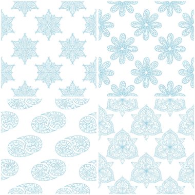 Çiçek desenleri. Beyaz ışık mavi öğeleri kümesi. Sorunsuz arka planlar. Vektör çizim