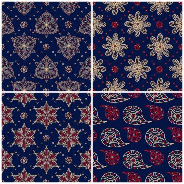 Sorunsuz arka planlar. Duvar kağıtları, Tekstil ve kumaş çiçek desenleri ile mavi klasik bej ve kırmızı belirler