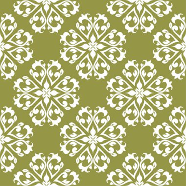 Zeytin yeşil zemin üzerine beyaz çiçek süsleme. Tekstil ve duvar kağıtları için seamless modeli