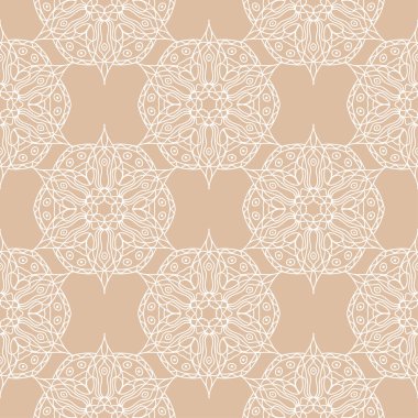 Bej renkli arka plan üzerinde beyaz çiçek süsleme. Tekstil ve duvar kağıtları için seamless modeli