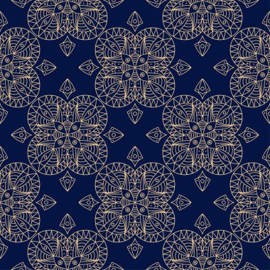 Mavi zemin üzerine altın geometrik süsleme. Web, Tekstil ve duvar kağıtları için seamless modeli