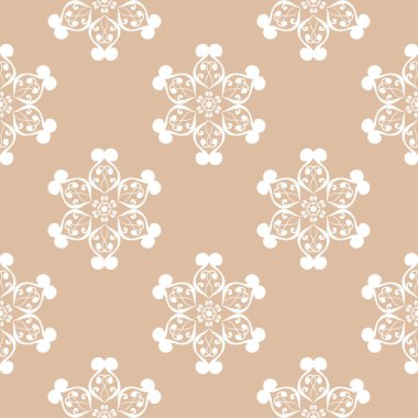 Bej renkli arka plan üzerinde beyaz çiçek süsleme. Tekstil ve duvar kağıtları için seamless modeli