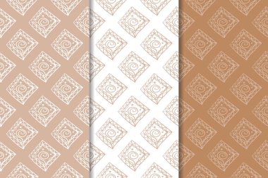 Kahverengi ve beyaz geometrik süsler. Web, Tekstil ve duvar kağıtları için dikişsiz desen seti