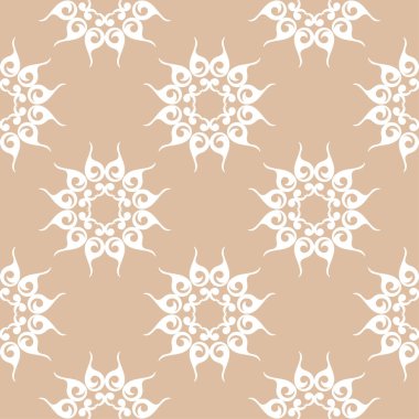 Bej renkli arka plan üzerinde beyaz çiçek süsleme. Tekstil ve duvar kağıtları için seamless modeli