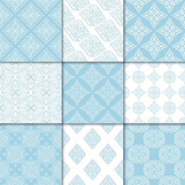 Mavi ve beyaz geometrik süsler. Web, Tekstil ve duvar kağıtları için dikişsiz desen koleksiyonu