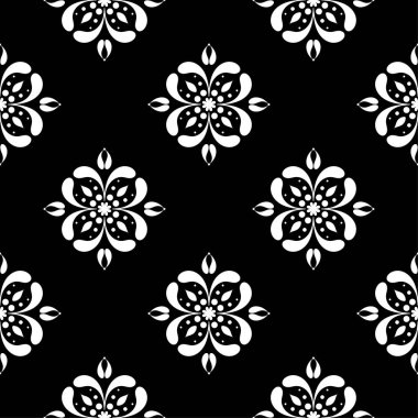 Siyah arka plan üzerine beyaz çiçek tasarım. Tekstil ve duvar kağıtları için seamless modeli