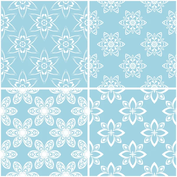 Çiçek desenleri. Mavi ve beyaz sorunsuz arka planlar kümesi. Vektör çizim
