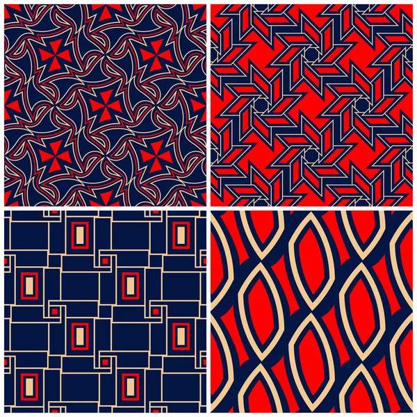 Sorunsuz arka planlar. Mavi klasik bej ve kırmızı duvar kağıtları, Tekstil ve kumaş için geometrik desenlerle ayarlar