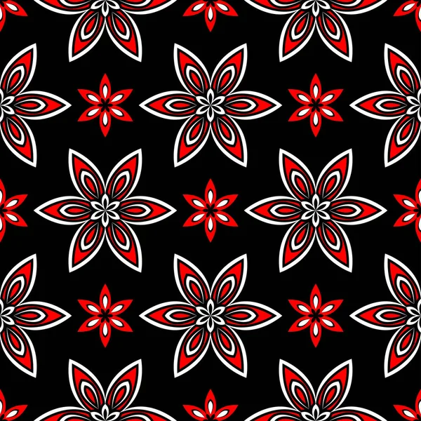 Sorunsuz çiçek desenli. Siyah arka plan üzerinde öğeleri kırmızı ve beyaz.