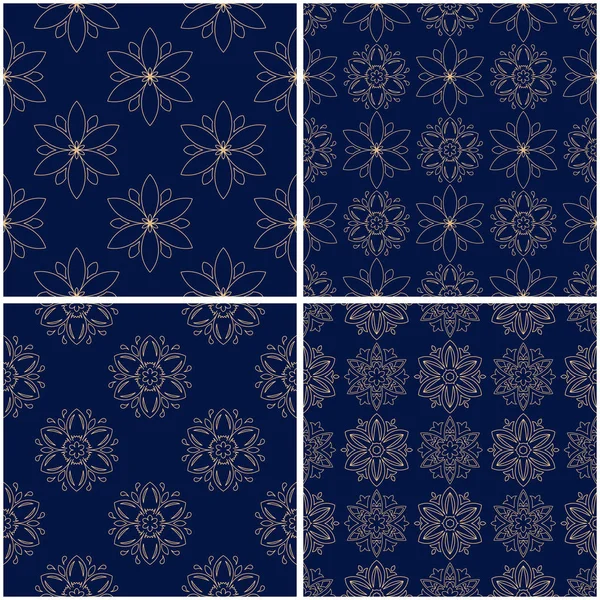 Çiçek desenleri. Altın mavi sorunsuz arka planlar kümesi. Vektör illustraton
