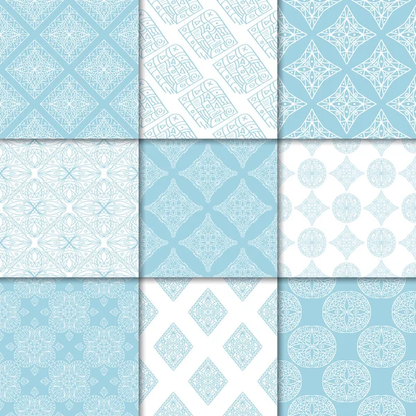 Mavi ve beyaz geometrik süsler. Web, Tekstil ve duvar kağıtları için dikişsiz desen koleksiyonu