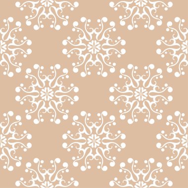 Bej renkli arka plan üzerinde beyaz çiçek süsleme. Tekstil ve duvar kağıtları için seamless modeli