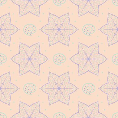 Çiçek seamless modeli. Bej renkli arka plan duvar kağıtları, Tekstil ve kumaş için mor ve mavi çiçek öğeleri ile