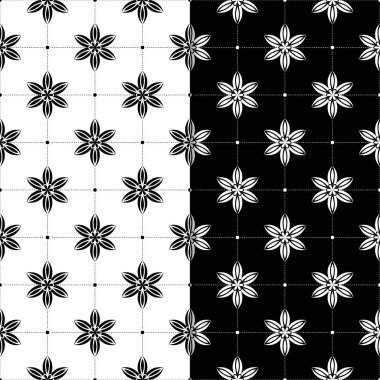 Siyah ve beyaz çiçekli süsler. Tekstil ve duvar kağıtları için sorunsuz arka planlar kümesi