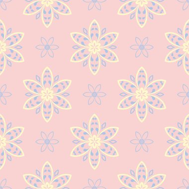 Pembe çiçek seamless modeli ile duvar kağıdı, Tekstil ve kumaş için ışık mavi ve sarı çiçek öğeleri