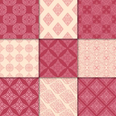 Kiraz kırmızı ve bej geometrik süsler. Web, Tekstil ve duvar kağıtları için dikişsiz desen koleksiyonu