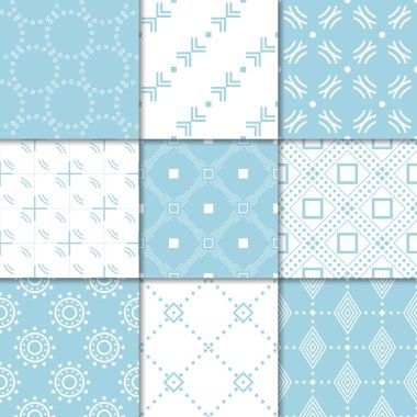 Mavi ve beyaz geometrik süsler. Web, Tekstil ve duvar kağıtları için dikişsiz desen koleksiyonu