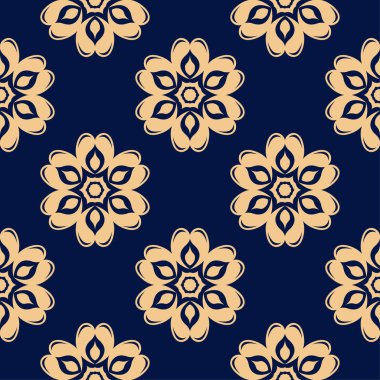 Koyu mavi zemin üzerine altın çiçek süsleme. Tekstil ve duvar kağıtları için seamless modeli