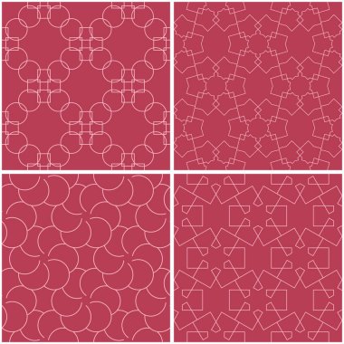 Geometrik desenler. Soluk kırmızı sorunsuz arka planlar kümesi. Vektör çizim