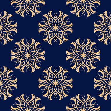 Koyu mavi zemin üzerine altın çiçek süsleme. Tekstil ve duvar kağıtları için seamless modeli