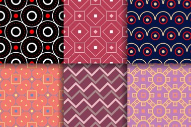 Kesintisiz geometrik desenler. Tekstil, kumaş veya duvar kağıtları için renkli arka planlar topluluğu