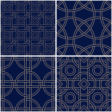 Geometrik desenler. Altın mavi sorunsuz arka planlar kümesi. Vektör çizim