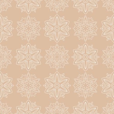 Bej renkli arka plan üzerinde beyaz çiçek süsleme. Tekstil ve duvar kağıtları için seamless modeli