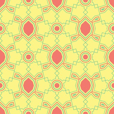 Geometrik yeşil ve pembe elemanları ile Seamless modeli. Sarı çok renkli arka plan duvar kağıtları, Tekstil ve kumaş için