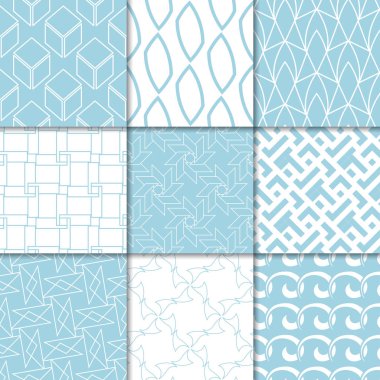 Mavi ve beyaz geometrik süsler. Web, Tekstil ve duvar kağıtları için dikişsiz desen koleksiyonu
