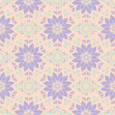 Çiçek seamless modeli. Bej renkli arka plan duvar kağıtları, Tekstil ve kumaş için mor ve mavi çiçek öğeleri ile