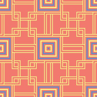 Geometrik seamless modeli. Parlak kırmızı bir arka plan duvar kağıtları, Tekstil ve kumaş için mavi ve sarı tasarımı ile